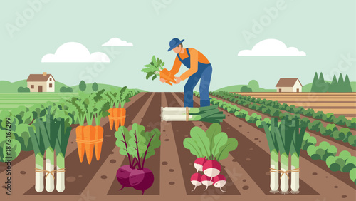 Farmer harvesting vegetables on a sunny day in a flat style farm landscape