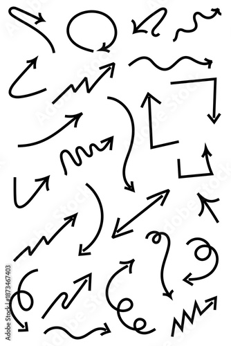 Black hand-drawn arrows vector set featuring curved, wavy, zigzag, and angular arrow designs. Perfect for infographics, business presentations, growth charts, and directional design elements