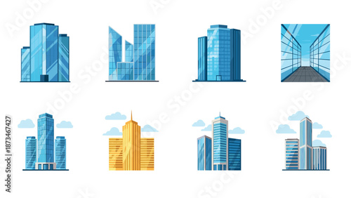 Modern urban skyscrapers collection with glass facades and skyline background