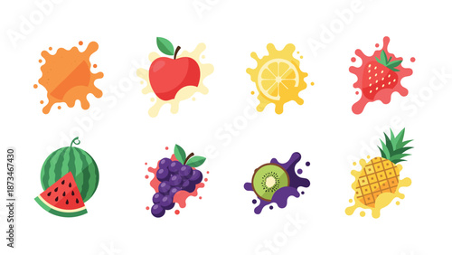 Colorful fruit icons with splashes in modern flat design style