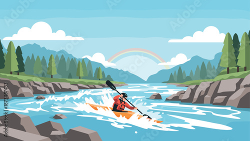 Adventurous kayaking in scenic river landscape with mountains and forest