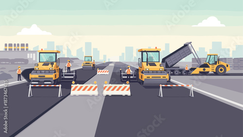 Road construction scene with heavy machinery and workers in flat design