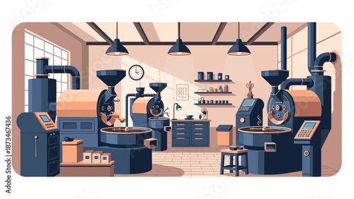 Modern coffee roastery with industrial equipment and cozy interior design