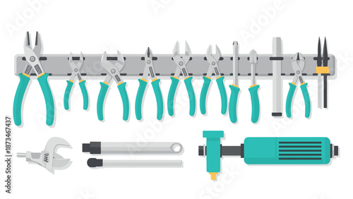 Flat style tool set with pliers and screwdrivers on rack for workshop organization