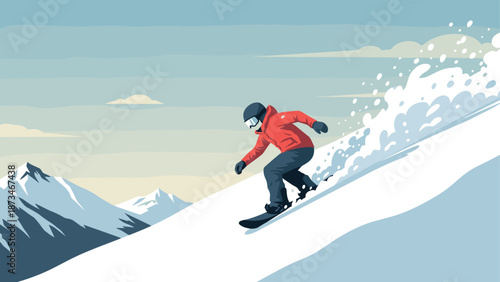 Snowboarder descending mountain slope in dynamic winter sports illustration