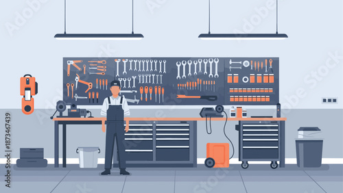 Mechanic workshop with tools and equipment in flat design