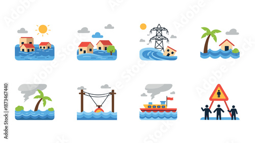 Natural disaster icons: storms, floods, and emergency preparedness in flat design