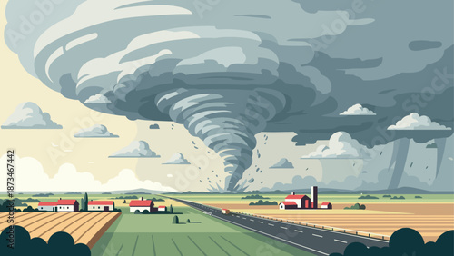Dramatic tornado over countryside landscape with farmhouses and road