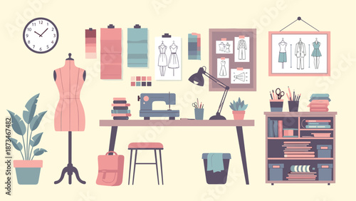 Seamstress workspace with sewing machine and fashion sketches in pastel tones