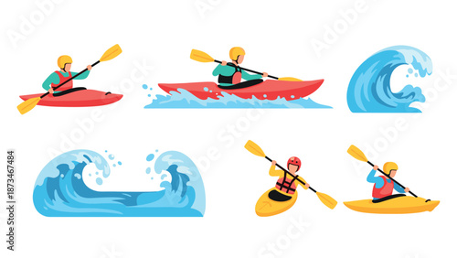 Colorful kayaking adventure with paddlers and ocean waves