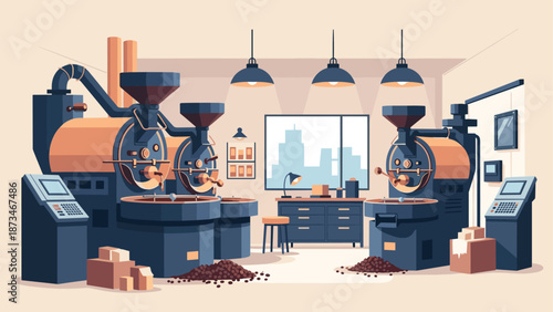 Cozy industrial coffee roasting facility interior scene with modern equipment