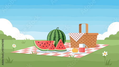 Picnic scene with watermelon slices and basket on checkered blanket in park