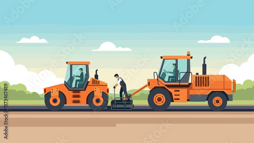 Construction site with heavy machinery and workers on a road project in flat style