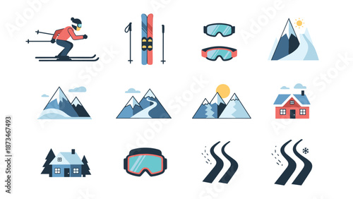Winter sports adventure with skis and mountains in minimalist style