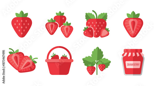 Flat strawberry icon set with basket and jam jar