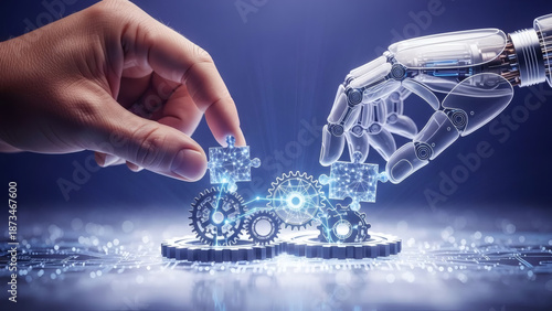 A concept image showing a human hand and a robotic, translucent hand working together to assemble a puzzle shaped like a gear or a graph. Symbolizes human-AI collaboration for problem-solving.