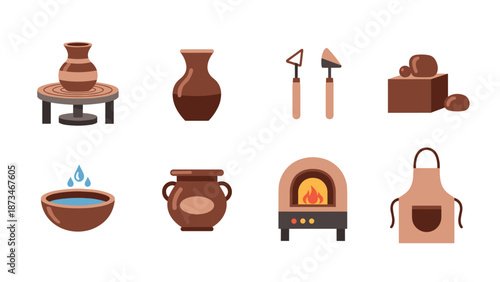Pottery craft elements with tools and kiln in flat design