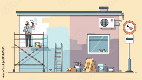 Urban building facade painting with scaffolding and equipment in minimalistic style