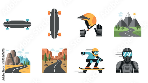 Adventure gear and scenic road landscapes with helmet and protective wear in flat design