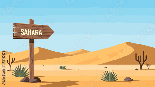 Wooden signpost in sunny desert landscape with cacti and sand dunes