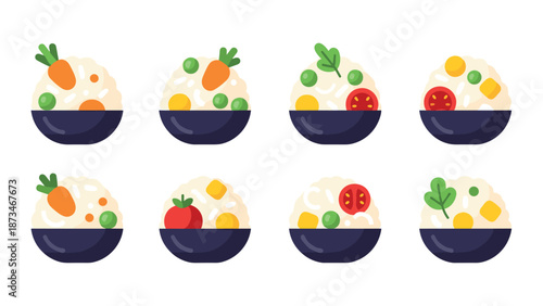 Assorted rice bowls with vegetables in flat style