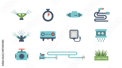Modern flat garden irrigation icons featuring sprinklers, timers, and nozzles