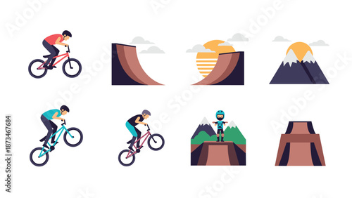Mountain biking adventure icons featuring cyclists and scenic landscapes