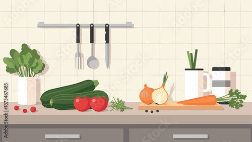 Modern kitchen counter with fresh vegetables and cooking utensils in flat design