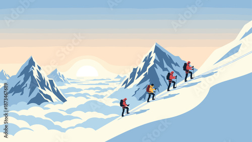 Mountain adventure team hiking at sunrise in snowy peaks