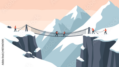Team crossing a suspended bridge in snowy mountain landscape at sunrise