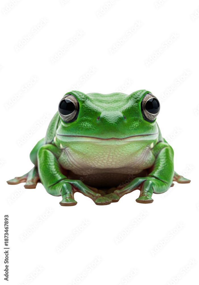 Obraz premium a single vibrant emerald green tree frog macro portrait with reflective moist skin and large glossy black eyes, sitting low against a transparent studio background, capturing fragile beauty and