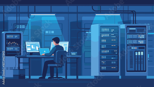 Nighttime server room scene with it professional monitoring networks