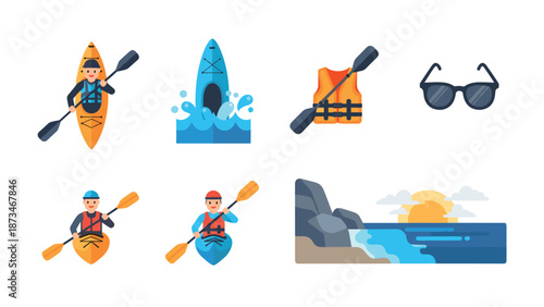 Adventure kayaking icons set featuring kayakers, equipment, and scenic views