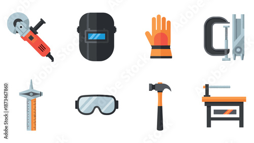 Flat style construction and safety tools icons set for industrial use