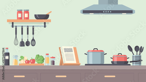 Minimalist kitchen interior with cooking utensils and ingredients