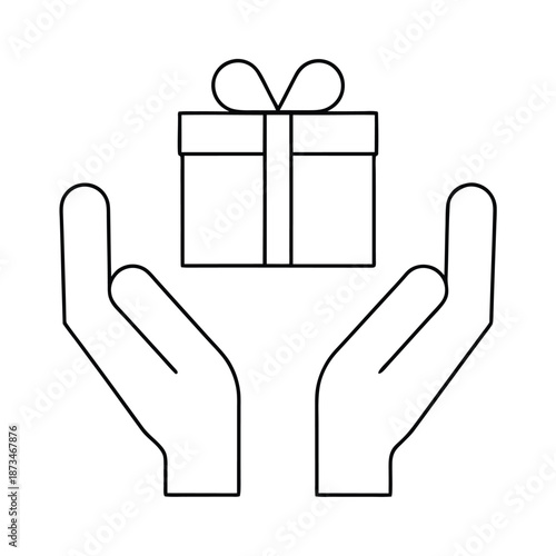Simple line art icon representing two open hands gently holding up a wrapped gift box with a bow signifying donation charity or receiving a special present award