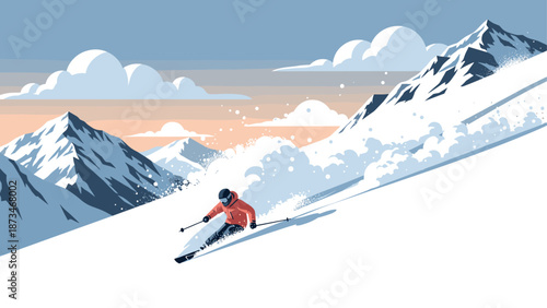 Dynamic skiing adventure in the majestic alpine mountains