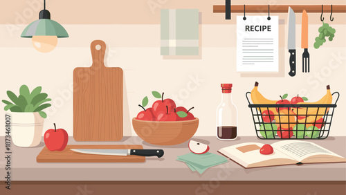 Cozy kitchen countertop with fresh apples and cooking essentials