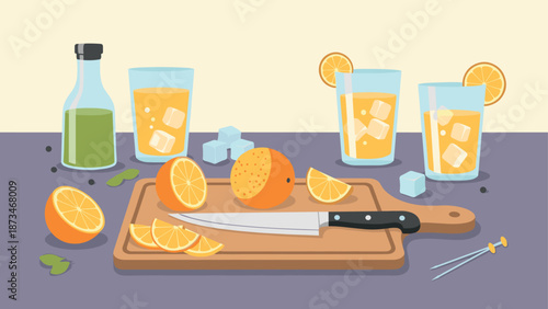 Refreshing citrus beverage preparation with sliced oranges on wooden board