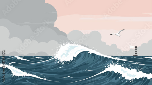 Seascape with lighthouse and gulls in dramatic weather