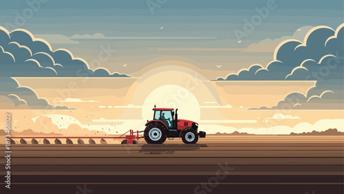 Sunset farming: tractor plowing fields in scenic countryside landscape