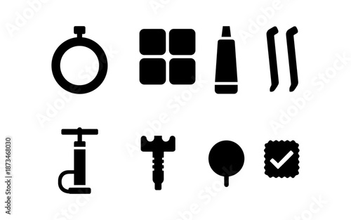 Set of bicycle repair tools and accessories for fixing flat tires