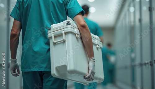Medical team transports organ cooler for transplant surgery. Professionals in scrubs and gloves carry essential medical equipment in hospital corridor. Urgency and care define this lifesaving mission. © Vadym