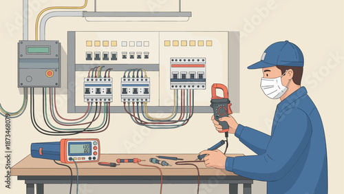 Electrician working on circuit breaker panel with multimeter for maintenance