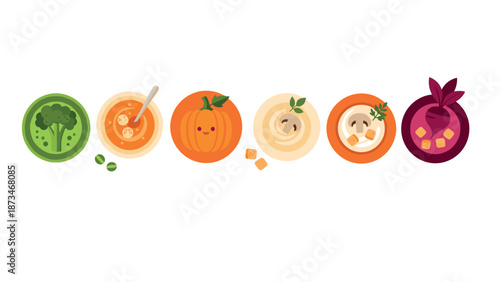 Colorful assorted vegetable soups in flat style