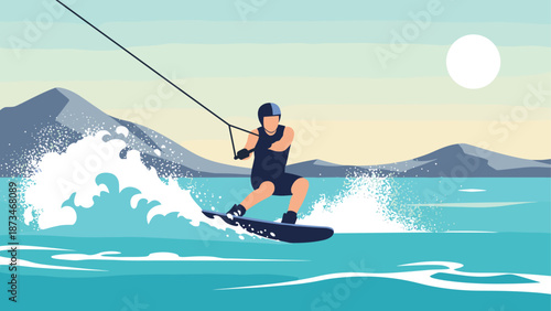 Wakeboarding adventure on a sunny day in scenic mountain lake