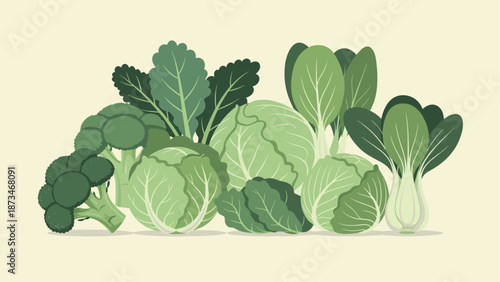 Assorted green leafy vegetables on soft beige background in flat design
