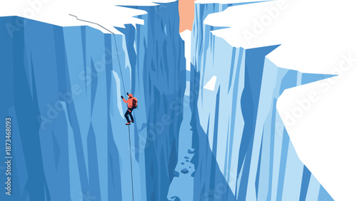 Adventurous climber descending steep glacier crevasse