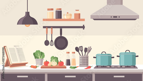 Modern kitchen interior with cooking utensils and vegetables on counter