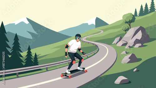 Skateboarder riding downhill on scenic mountain road in cartoon style